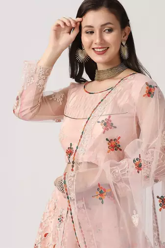 Pink & Maroon Embroidered Thread Work Tie and Dye Semi-Stitched Lehenga & Unstitched Blouse With