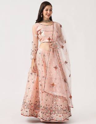 Pink & Maroon Embroidered Thread Work Tie and Dye Semi-Stitched Lehenga & Unstitched Blouse With 4