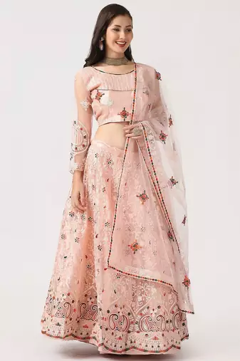 Pink & Maroon Embroidered Thread Work Tie and Dye Semi-Stitched Lehenga & Unstitched Blouse With