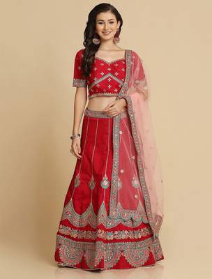 Maroon & Blue Embroidered Thread Work Semi-Stitched Lehenga & Unstitched Blouse With Dupatta 1