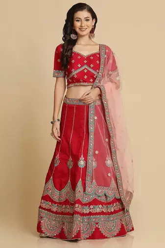 Maroon & Blue Embroidered Thread Work Semi-Stitched Lehenga & Unstitched Blouse With Dupatta