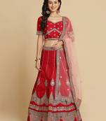 Maroon & Blue Embroidered Thread Work Semi-Stitched Lehenga & Unstitched Blouse With Dupatta