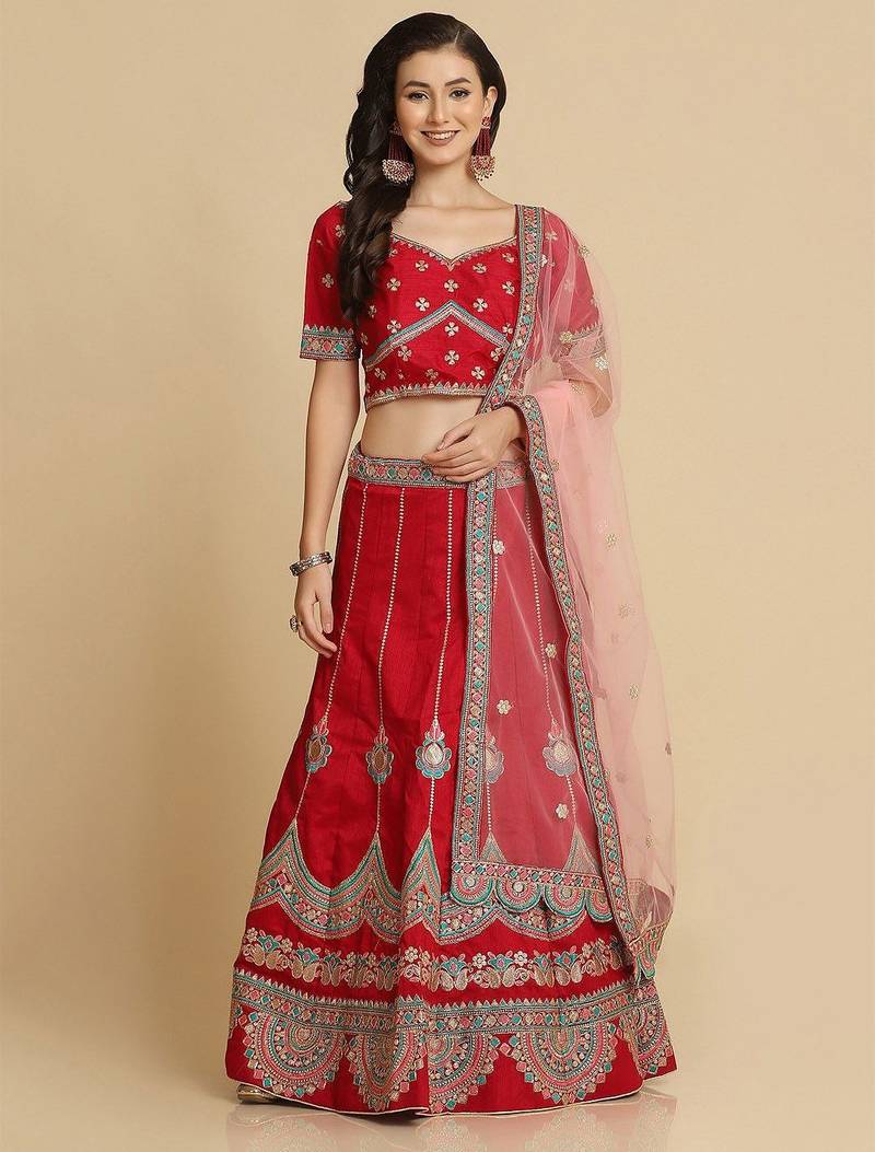 Maroon & Blue Embroidered Thread Work Semi-Stitched Lehenga & Unstitched Blouse With Dupatta