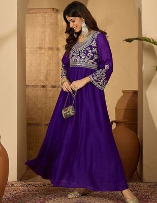 Zari sequence thread embroidered silk it & flared gown ethnic dress 1