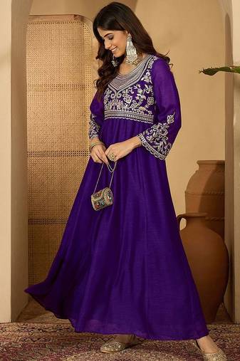 Zari sequence thread embroidered silk it & flared gown ethnic dress