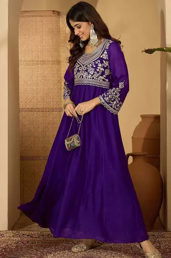 Zari sequence thread embroidered silk it & flared gown ethnic dress