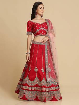 Maroon & Blue Embroidered Thread Work Semi-Stitched Lehenga & Unstitched Blouse With Dupatta 3