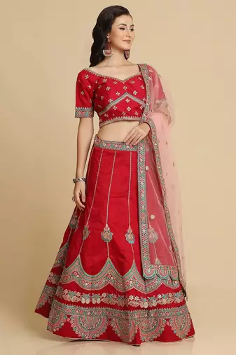 Maroon & Blue Embroidered Thread Work Semi-Stitched Lehenga & Unstitched Blouse With Dupatta