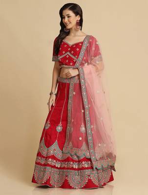 Maroon & Blue Embroidered Thread Work Semi-Stitched Lehenga & Unstitched Blouse With Dupatta 4