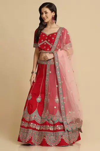 Maroon & Blue Embroidered Thread Work Semi-Stitched Lehenga & Unstitched Blouse With Dupatta