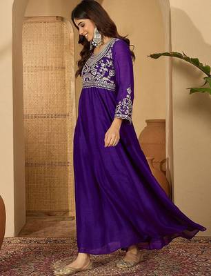 Zari sequence thread embroidered silk it & flared gown ethnic dress 3