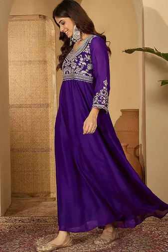 Zari sequence thread embroidered silk it & flared gown ethnic dress
