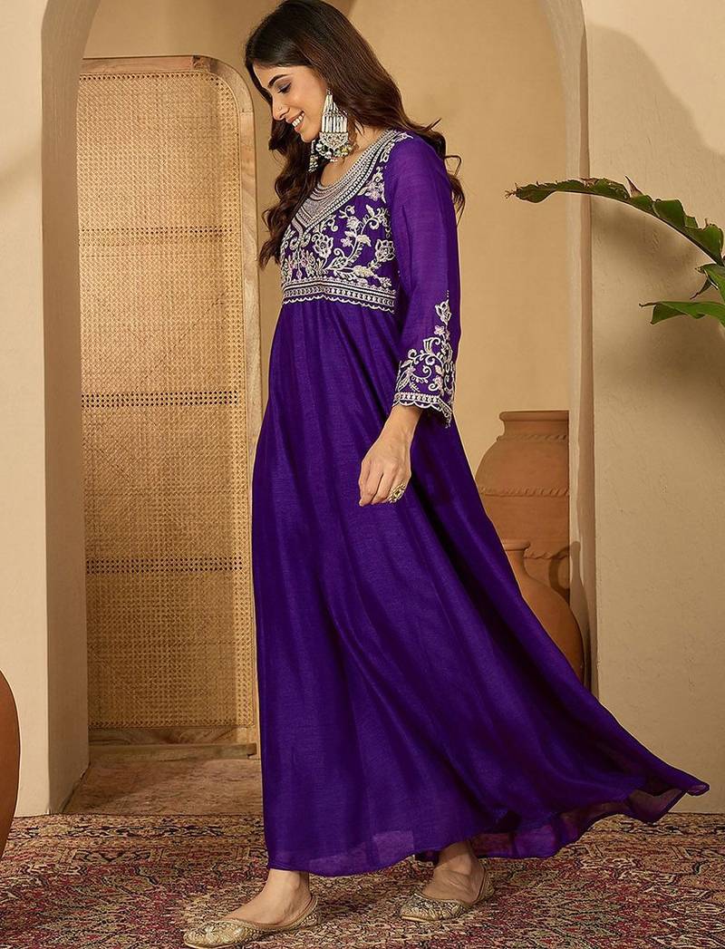 Zari sequence thread embroidered silk it & flared gown ethnic dress