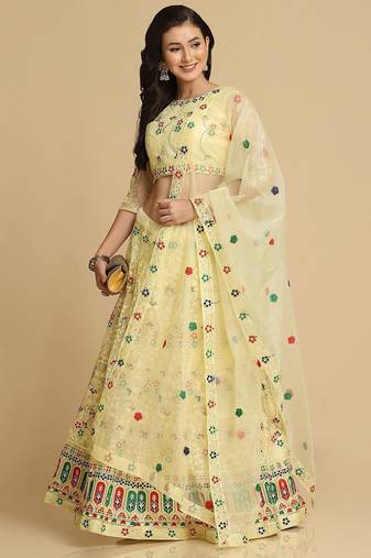 Women Yellow Embroidered Semi-Stitched Lehenga & Unstitched Blouse With Dupatta