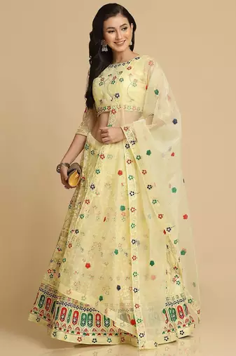 Women Yellow Embroidered Semi-Stitched Lehenga & Unstitched Blouse With Dupatta