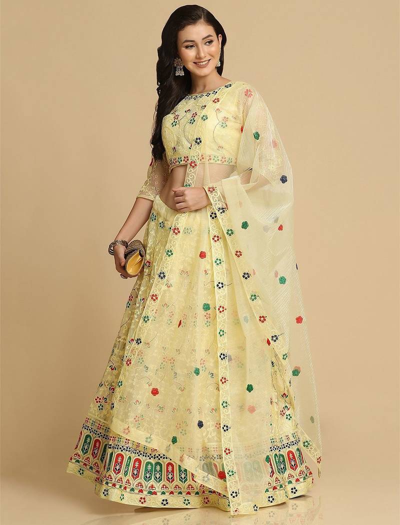 Women Yellow Embroidered Semi-Stitched Lehenga & Unstitched Blouse With Dupatta