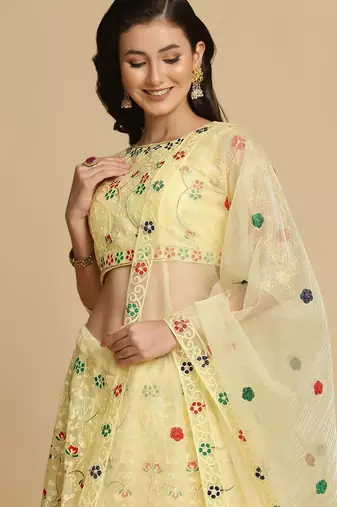 Women Yellow Embroidered Semi-Stitched Lehenga & Unstitched Blouse With Dupatta