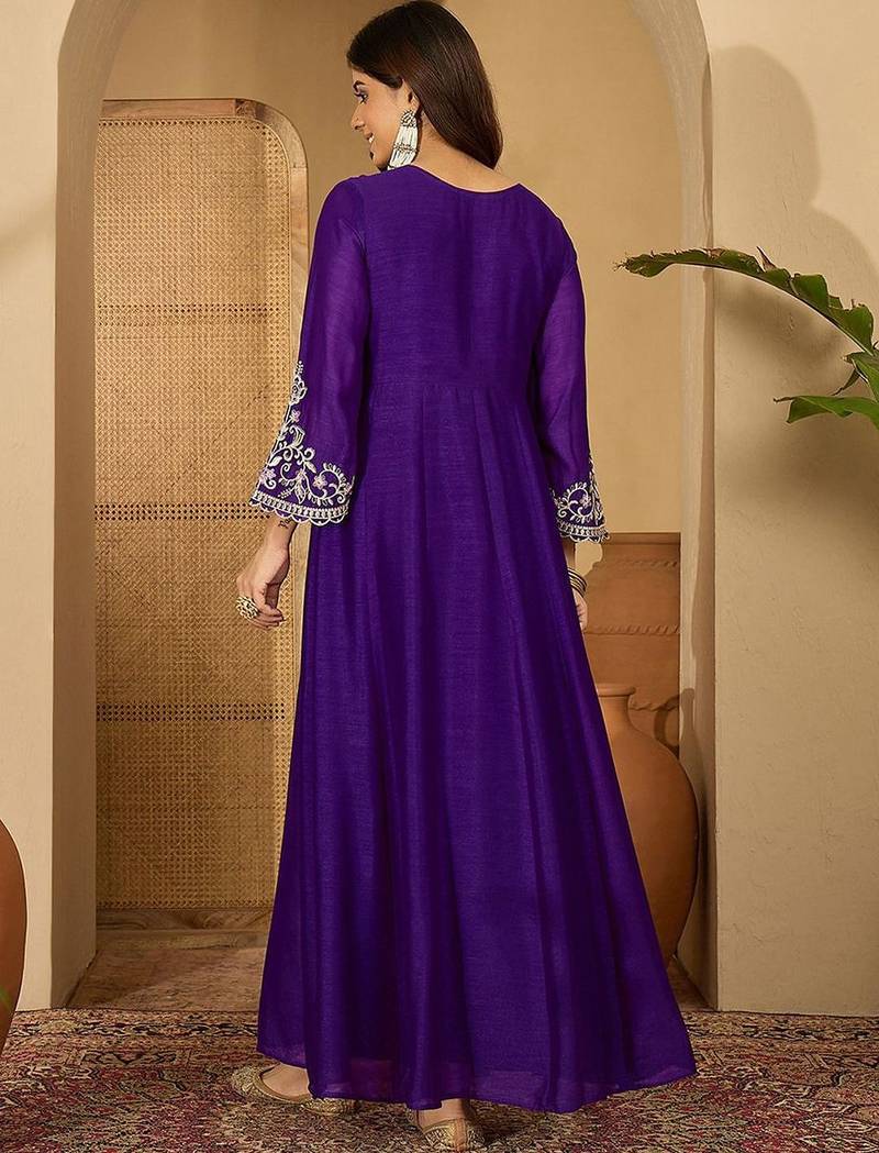 Zari sequence thread embroidered silk it & flared gown ethnic dress