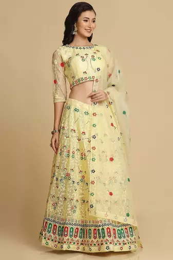Women Yellow Embroidered Semi-Stitched Lehenga & Unstitched Blouse With Dupatta