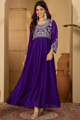 Zari sequence thread embroidered silk it & flared gown ethnic dress