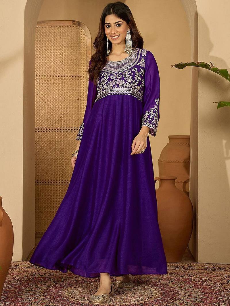 Zari sequence thread embroidered silk it & flared gown ethnic dress