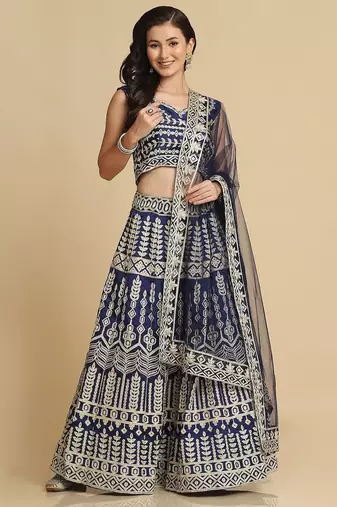 Blue & Gold-Toned Embroidered Thread Work Semi-Stitched Lehenga & Unstitched Blouse With Dupatta