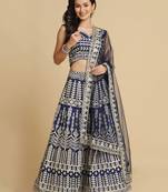Blue & Gold-Toned Embroidered Thread Work Semi-Stitched Lehenga & Unstitched Blouse With Dupatta