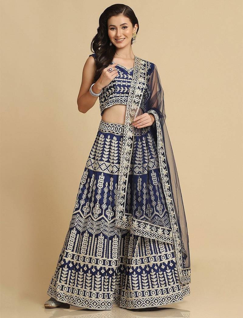 Blue & Gold-Toned Embroidered Thread Work Semi-Stitched Lehenga & Unstitched Blouse With Dupatta