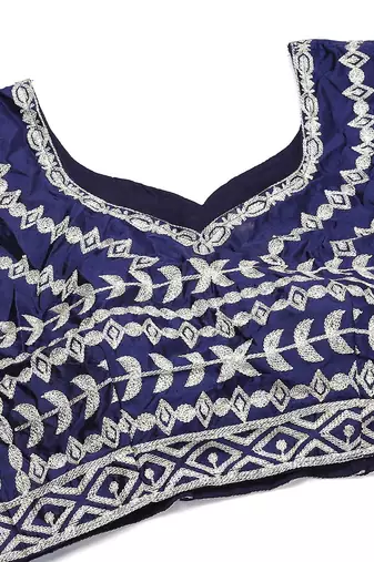 Blue & Gold-Toned Embroidered Thread Work Semi-Stitched Lehenga & Unstitched Blouse With Dupatta