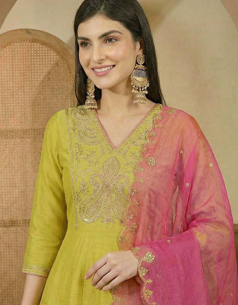 Embroidered v-neck gown ethnic dress with dupatta