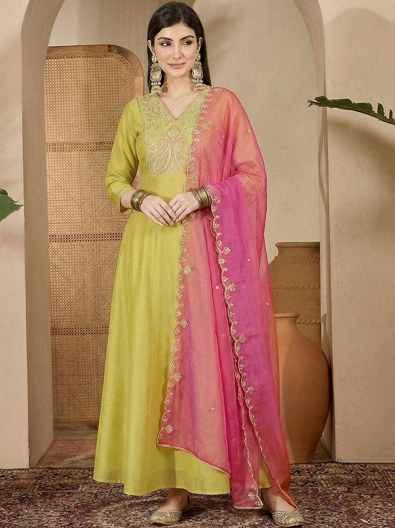 Embroidered v-neck gown ethnic dress with dupatta