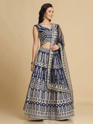 Blue & Gold-Toned Embroidered Thread Work Semi-Stitched Lehenga & Unstitched Blouse With Dupatta 4