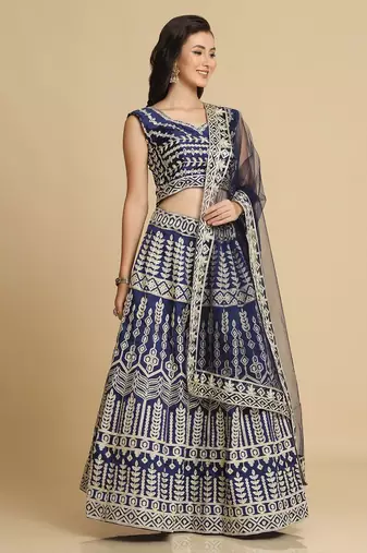 Blue & Gold-Toned Embroidered Thread Work Semi-Stitched Lehenga & Unstitched Blouse With Dupatta