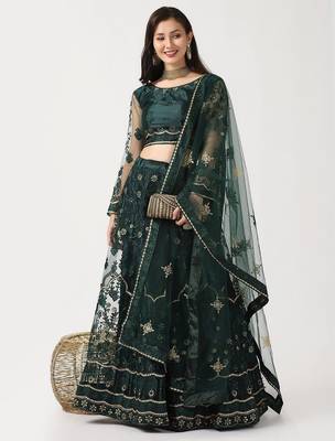 Women Green & Gold-Toned Thread Work Lehenga & Unstitched Blouse With Dupatta 1