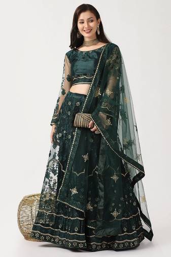 Women Green & Gold-Toned Thread Work Lehenga & Unstitched Blouse With Dupatta