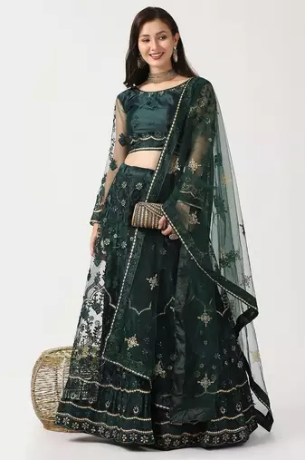 Women Green & Gold-Toned Thread Work Lehenga & Unstitched Blouse With Dupatta