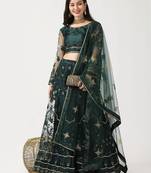 Women Green & Gold-Toned Thread Work Lehenga & Unstitched Blouse With Dupatta