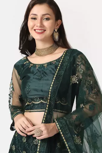 Women Green & Gold-Toned Thread Work Lehenga & Unstitched Blouse With Dupatta