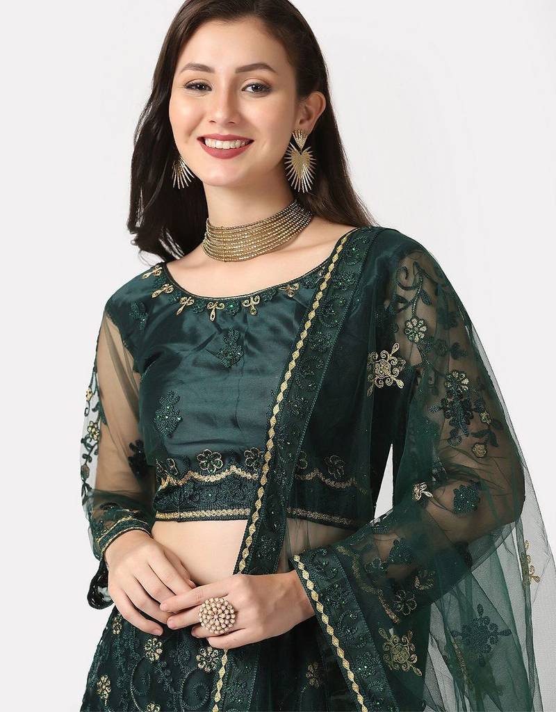 Women Green & Gold-Toned Thread Work Lehenga & Unstitched Blouse With Dupatta
