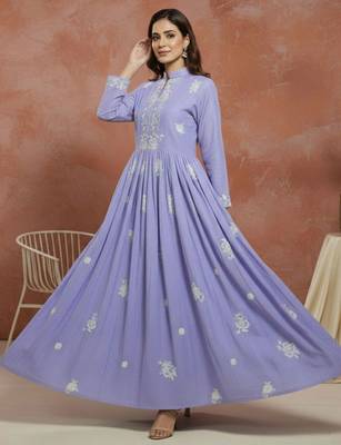 Embroidered mandarin collar fit and flare ethnic dresses 3
