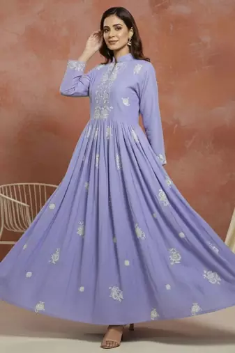 Embroidered mandarin collar fit and flare ethnic dresses