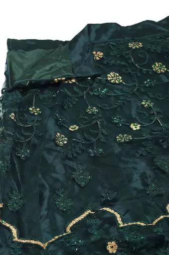 Women Green & Gold-Toned Thread Work Lehenga & Unstitched Blouse With Dupatta