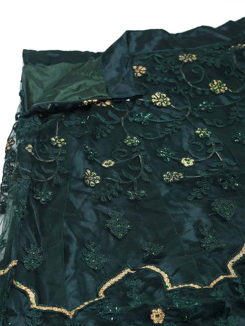 Women Green & Gold-Toned Thread Work Lehenga & Unstitched Blouse With Dupatta