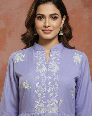 Embroidered mandarin collar fit and flare ethnic dresses 4