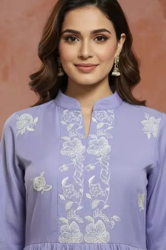 Embroidered mandarin collar fit and flare ethnic dresses