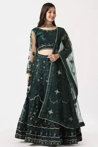 Women Green & Gold-Toned Thread Work Lehenga & Unstitched Blouse With Dupatta