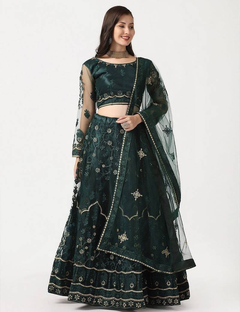 Women Green & Gold-Toned Thread Work Lehenga & Unstitched Blouse With Dupatta