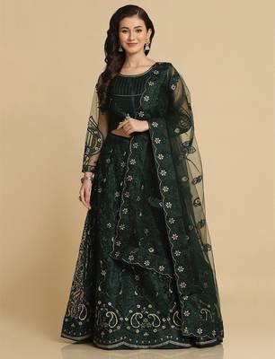 Green & Gold-Toned Embroidered Thread Work Semi-Stitched Lehenga & Unstitched Blouse With Dupatta 1