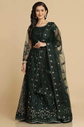 Green & Gold-Toned Embroidered Thread Work Semi-Stitched Lehenga & Unstitched Blouse With Dupatta