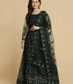 Green & Gold-Toned Embroidered Thread Work Semi-Stitched Lehenga & Unstitched Blouse With Dupatta